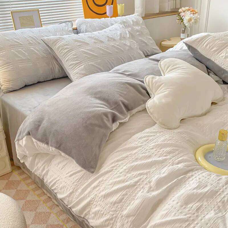 Simple Bubble Style Ab Single Quilt Bedding Four-piece Set Coral Mattress Cover Milk Fleece Bed Sheet H260312