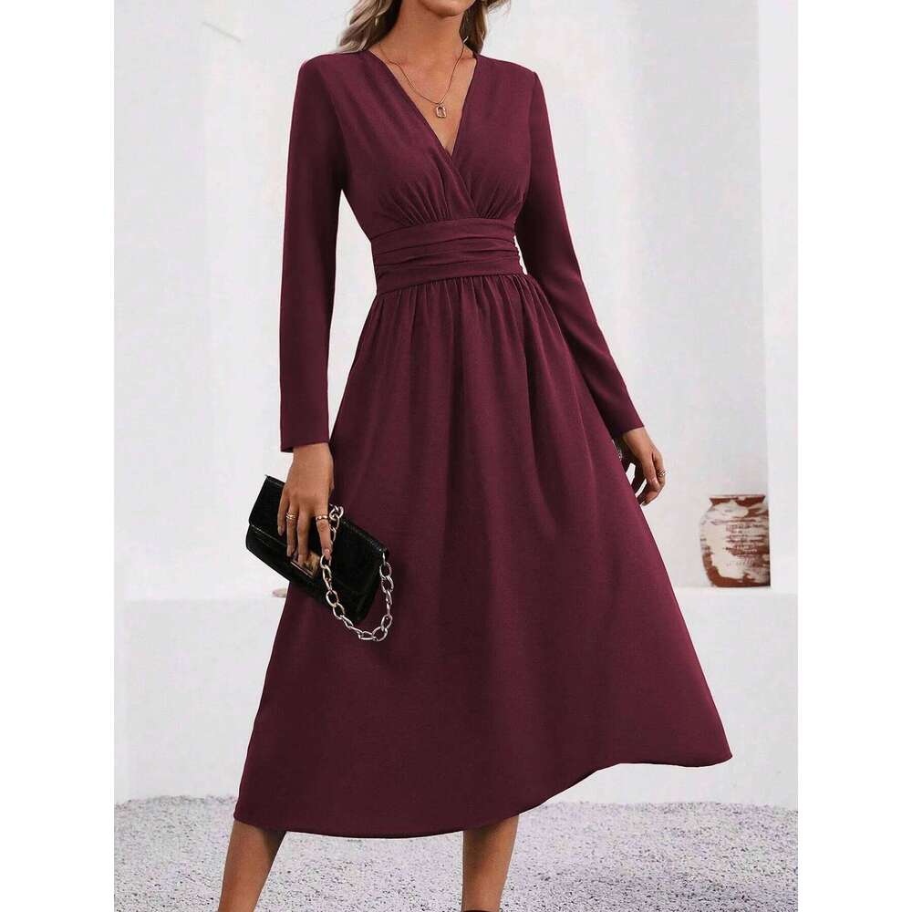 Elegant Solid Color Knit for Women 2025 Fall Winter Overlap V-Neck Sleeve with Waist Shirring Bodycon Long Maxi Dress C260312