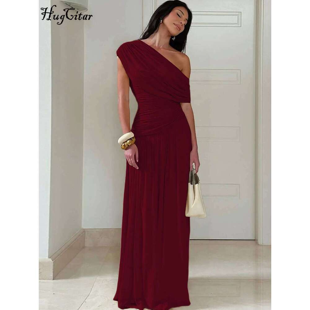 Hugcitar One Shoulder Ruched Sleeveless Solid Pleated Sexy Irregular Y2K Maxi Dress Summer Elegant Party Women Clothes Vacation C260312