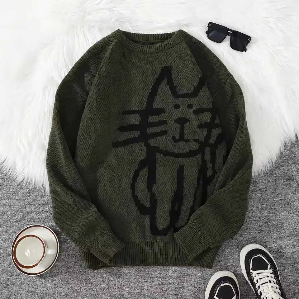 American Street Style Fashionable Loose Fitting Cat Autumn and Winter Round Neck Pullover Mens and Womens Knitted Sweater M260312