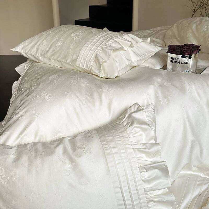 4Pcs Vintage Rose Jacquard Egyptian Cotton Ruffles Bedding Set Queen King Size Duvet Cover Bed Sheet/Fitted Sheet Pillowcases H260312