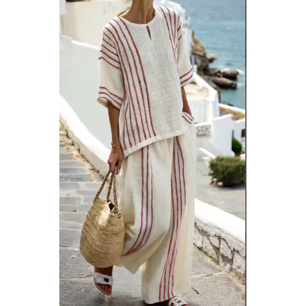 European And American Style Clothing Round Neck Striped Short Sleeve Linen Cotton Top Casual Pants Women