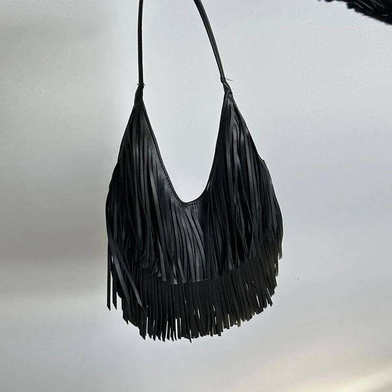 Long Women Leather Bohemian Style Tassel Shoulder Fringe Hobos Armpit Bag Large Capacity Travel Female Tote Handbag WONST