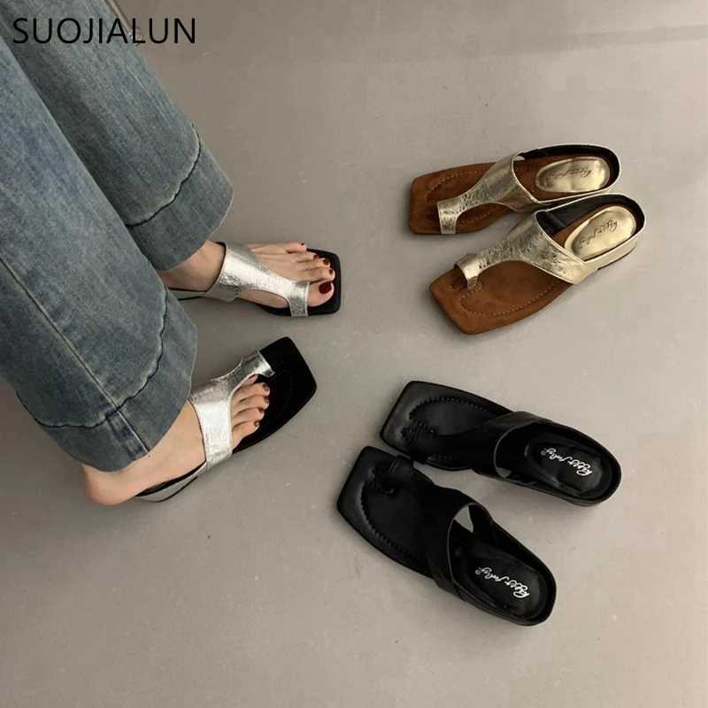 SUOJIALUN 2024 Summer New Women Slipper Fashion Gold Ladies Elegant Slides Square Low Heel Dress Casual Flip Flops Shoes K260312