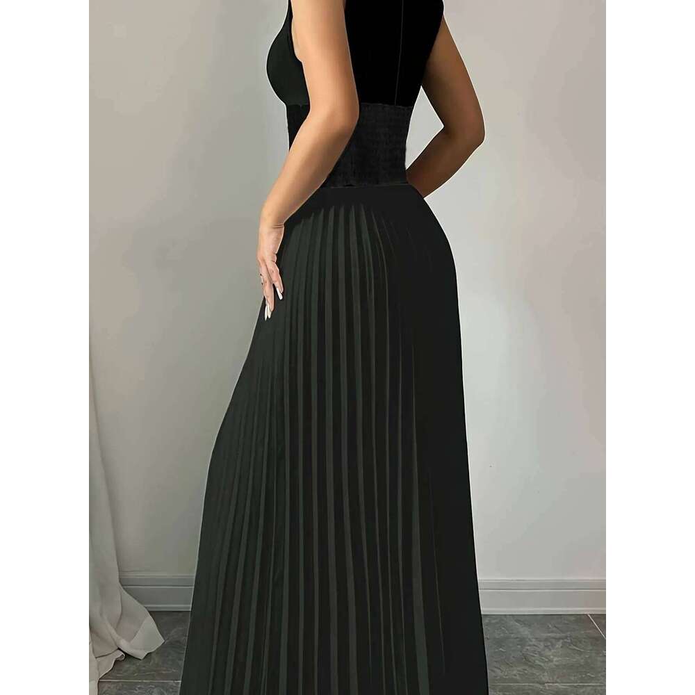 Women's Oversized Woven Casual Bohemian Maxi Summer A-Line Long Dress with Pockets Full Length Clothing Black C260311