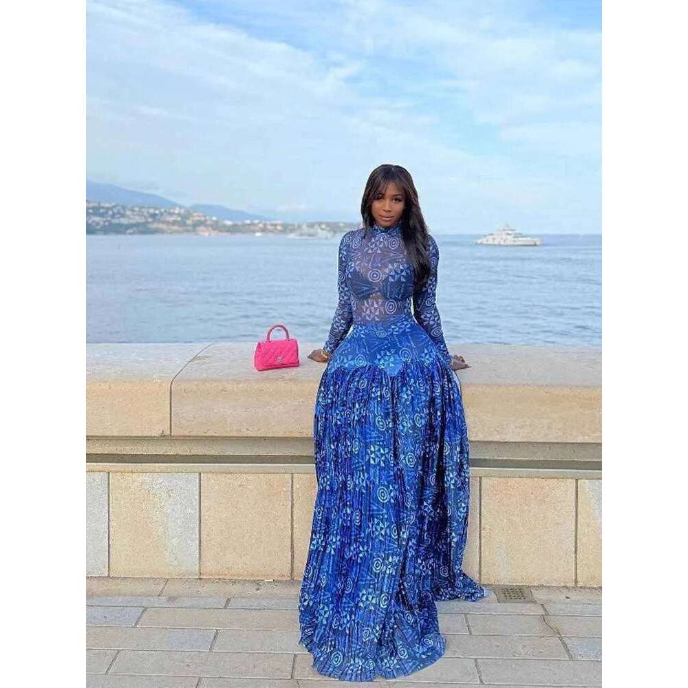 Blue for Women Mid-turtleneck High Waist Transparent Light Long with Sleeves Streetwear Pleated Maxi Dress C260312