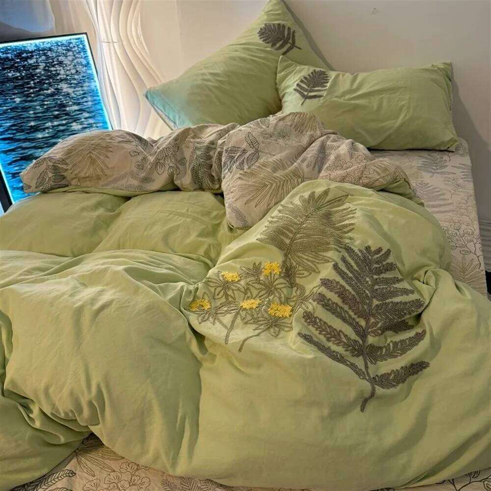 Countryside Forest Duvet Cover Green Leaf Embroidered Quilt Four Piece Clearance Style Small Fresh Bed Set H260312