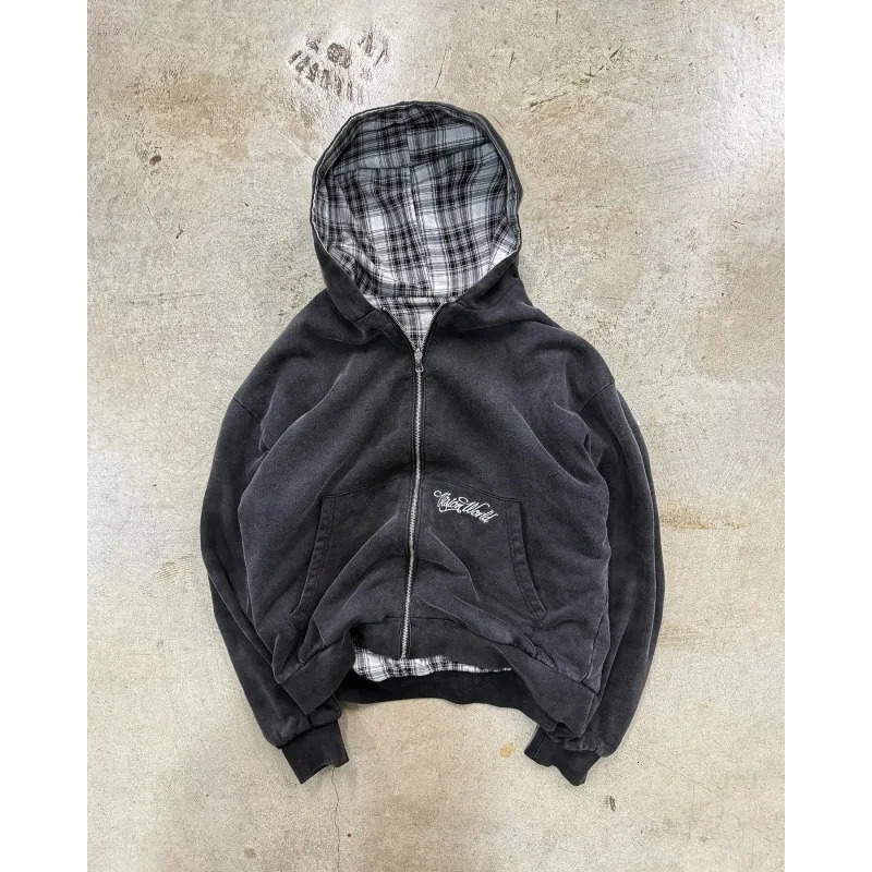 Spring and Autumn American Trendy Double sided Stand up Hoodie cardigan casual workwear plaid jacket 260311