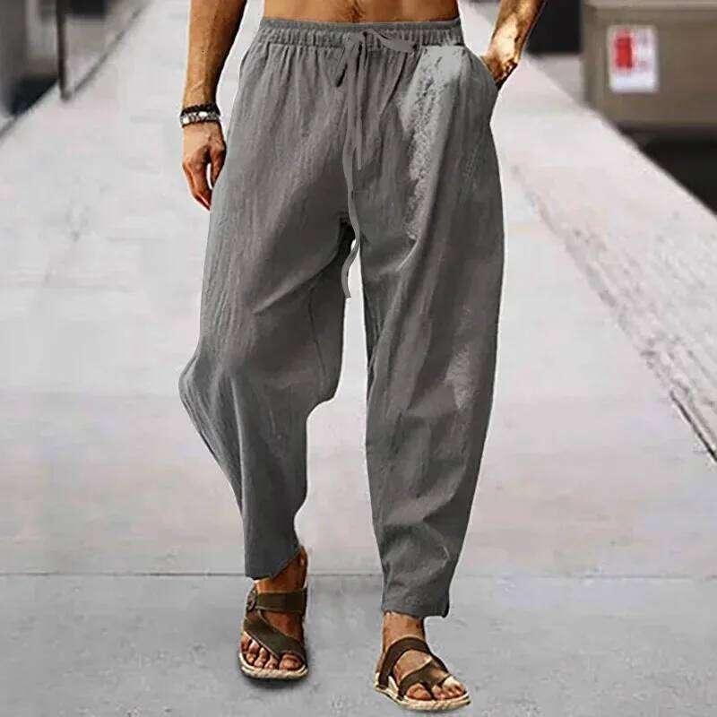 New Men Cotton Linen Summer and Autumn Solid High Waist Wide-Leg Trousers Male Loose Hemp Casual Breathable Sports Pants