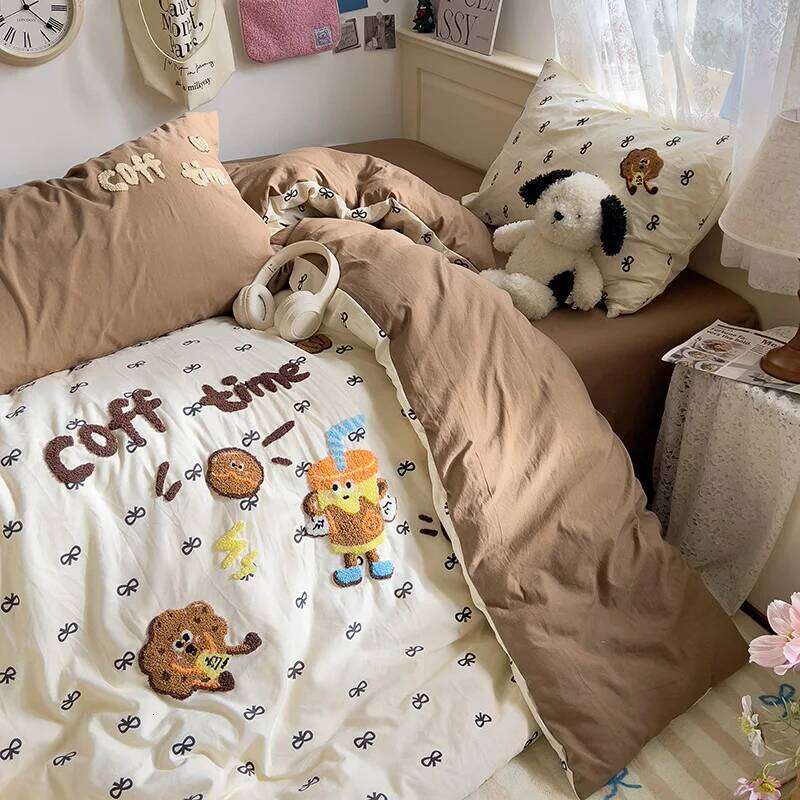 Cartoon Animal Embroidery Bedding Set For Adults Kids Cute Flat Fitted Sheet With Pillowcases Washed Cotton Colorful Full Size H260312