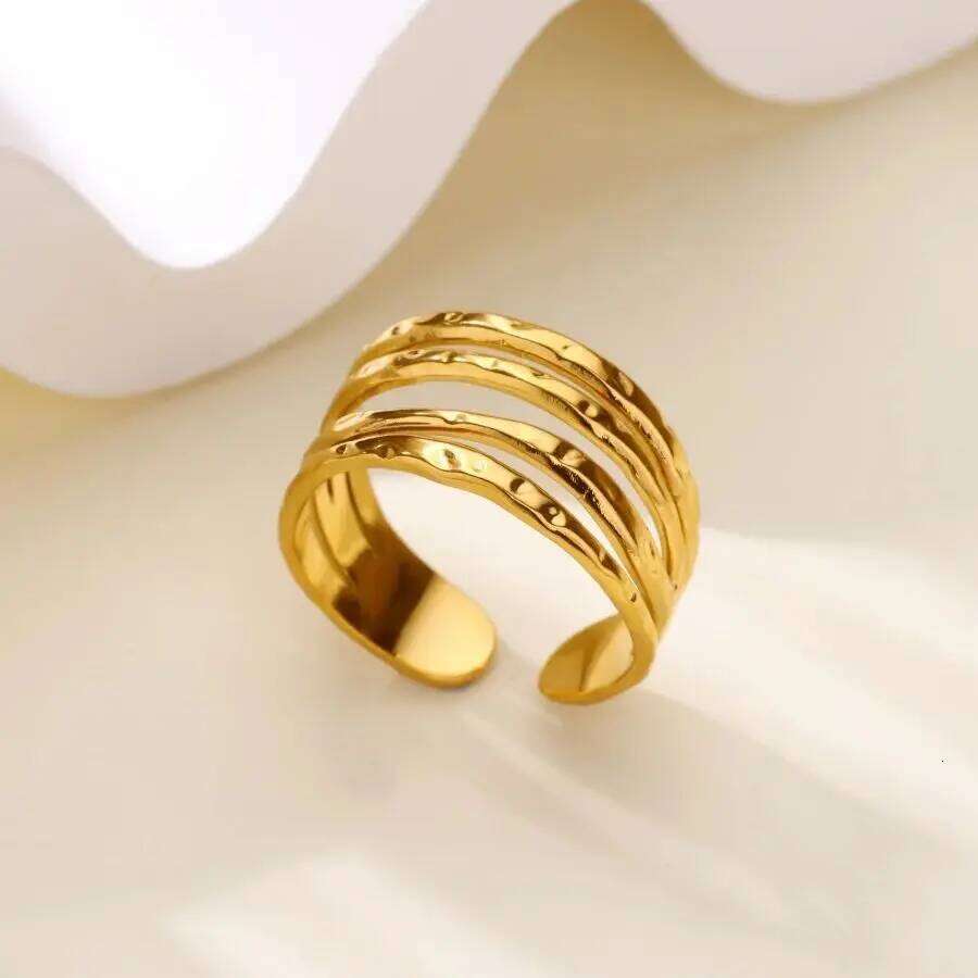 Stainless Steel Layered Rings for Women Open Adjustable Gold Color Geometric Textured Ring Aesthetic Wedding Waterproof Jewelry H260312