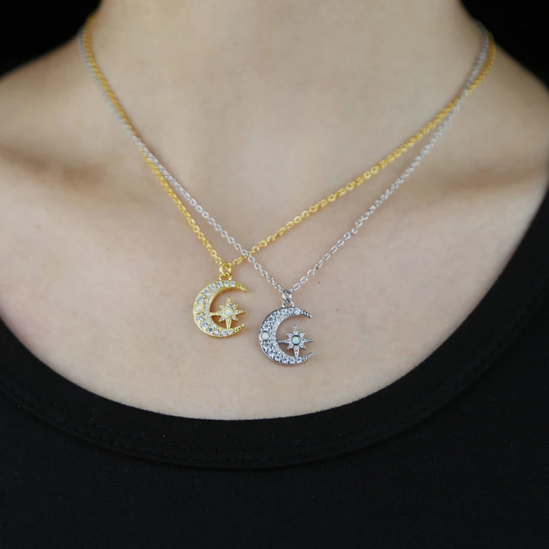 An Elegant Gold Plated Moon Star Necklace Set With Zircon Making It A Fashionable And Exquisite Daily Gift For Women
