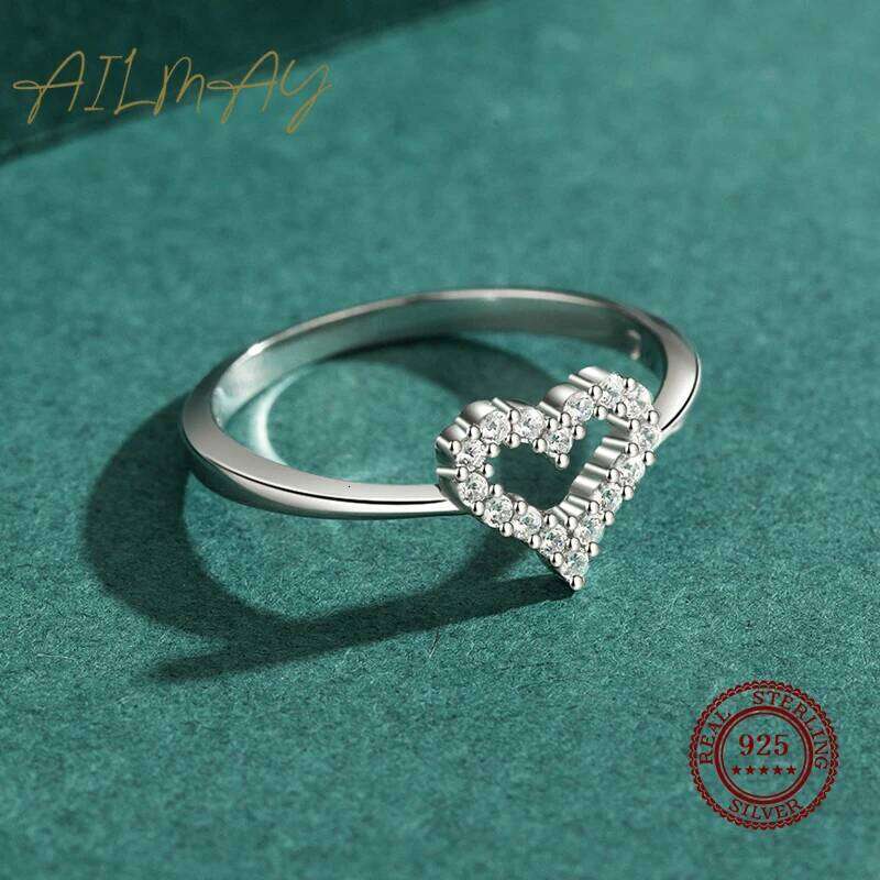 Ailmay Fine Romantic Hollowed Heart 925 Sterling Silver Clear Zircon Finger Ring For Women Wedding Engagement Statement Jewelry H260312