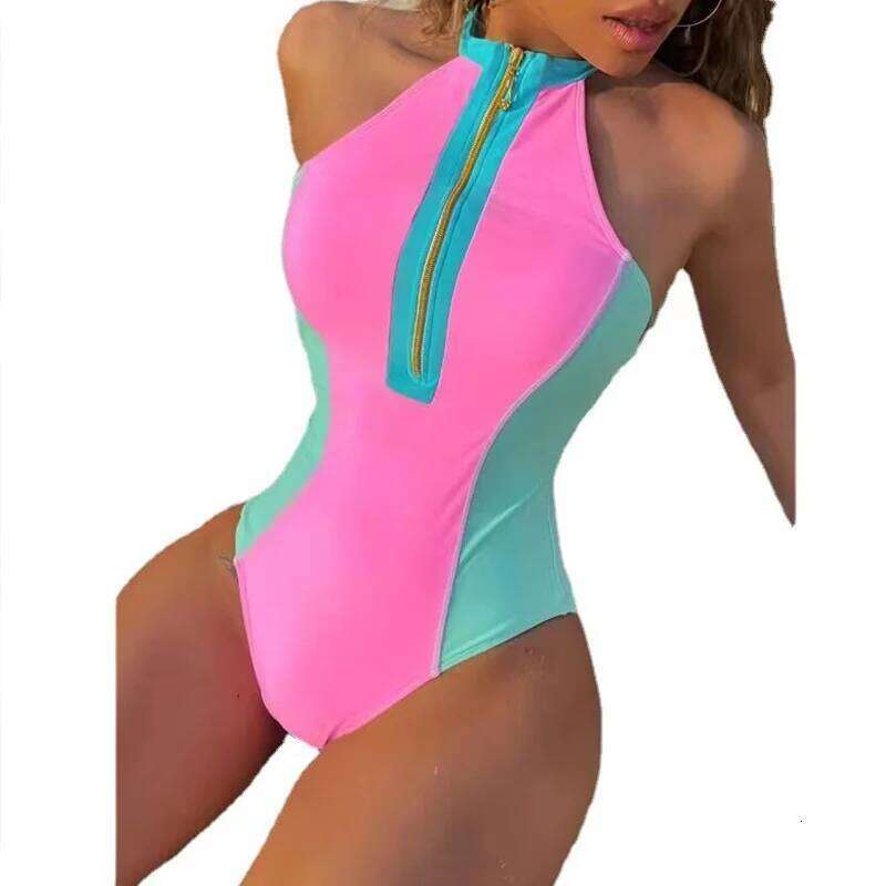 New Color Contrast Bikini Women's Conservative Zipper One-piece Swimwear Trend 2023 Kawaii Swimsuit Y260303