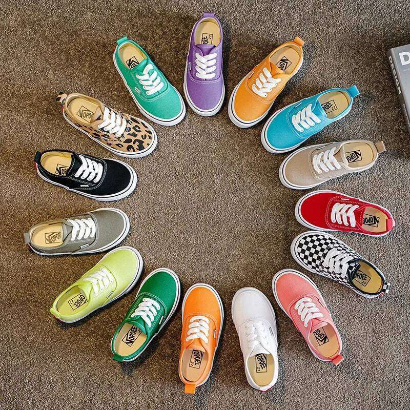 Children's Canvas Solid Color Leopard Chessboard Pattern Kids Fashion Sewing Thread Lace Up Non Slip Thick Sole Shoes H260312