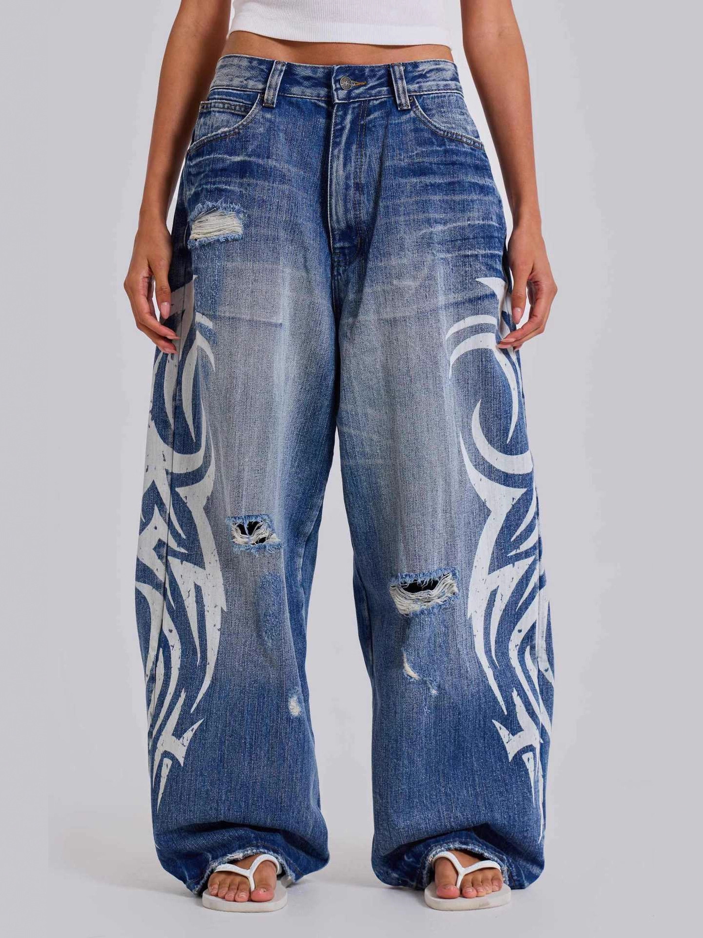Men's American Graffiti Printed Jeans Casual Fashion Harajuku High Street Vintage Pant Loose Fit Retro High Waist Wash Ripped Jeans