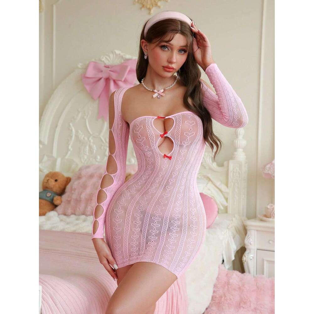 Women Pink Lace Cut-Out Bodysuit Dress Romantic Long Sleeve Lingerie with Bow Detail for Party, Date Night, or Costume Wear