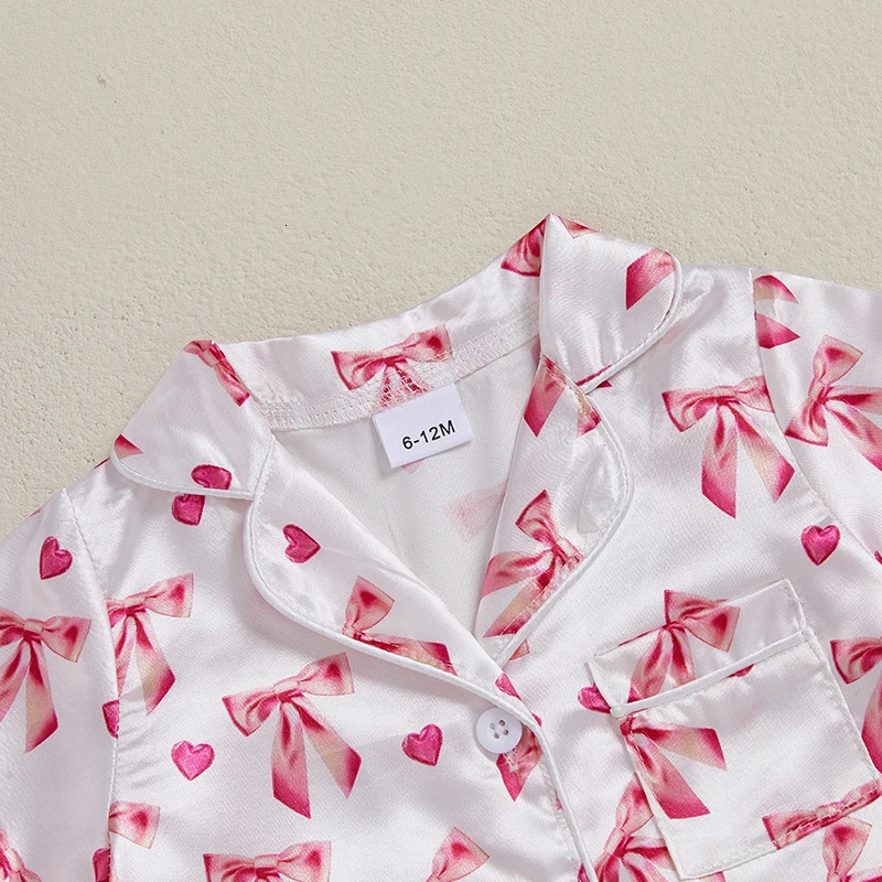 Baby Girl Satin Pajamas Romper born Bow Print Feather Cuffs Short Sleeve Lapel Button Down Silk Sleepwear Infant Loungewear 260311