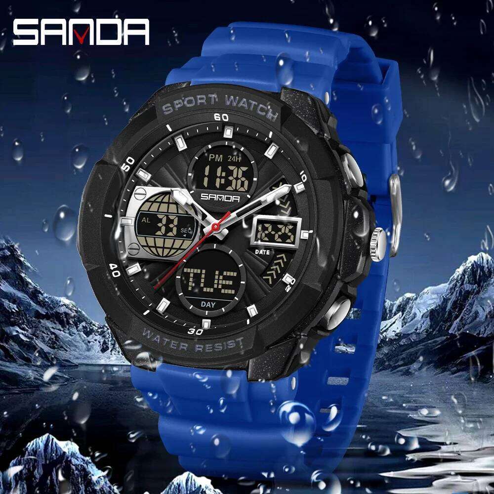 SANDA 6298 brand casual men's sports backlight 50M anti student alarm clock dual display digital watch 2026