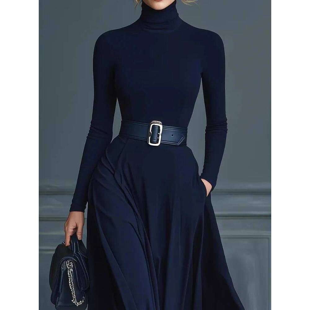 Women Elegant Color Turtleneck Maxi Dress Solid With Pockets Skirt Sleeve Office Party Long Dresses C260312