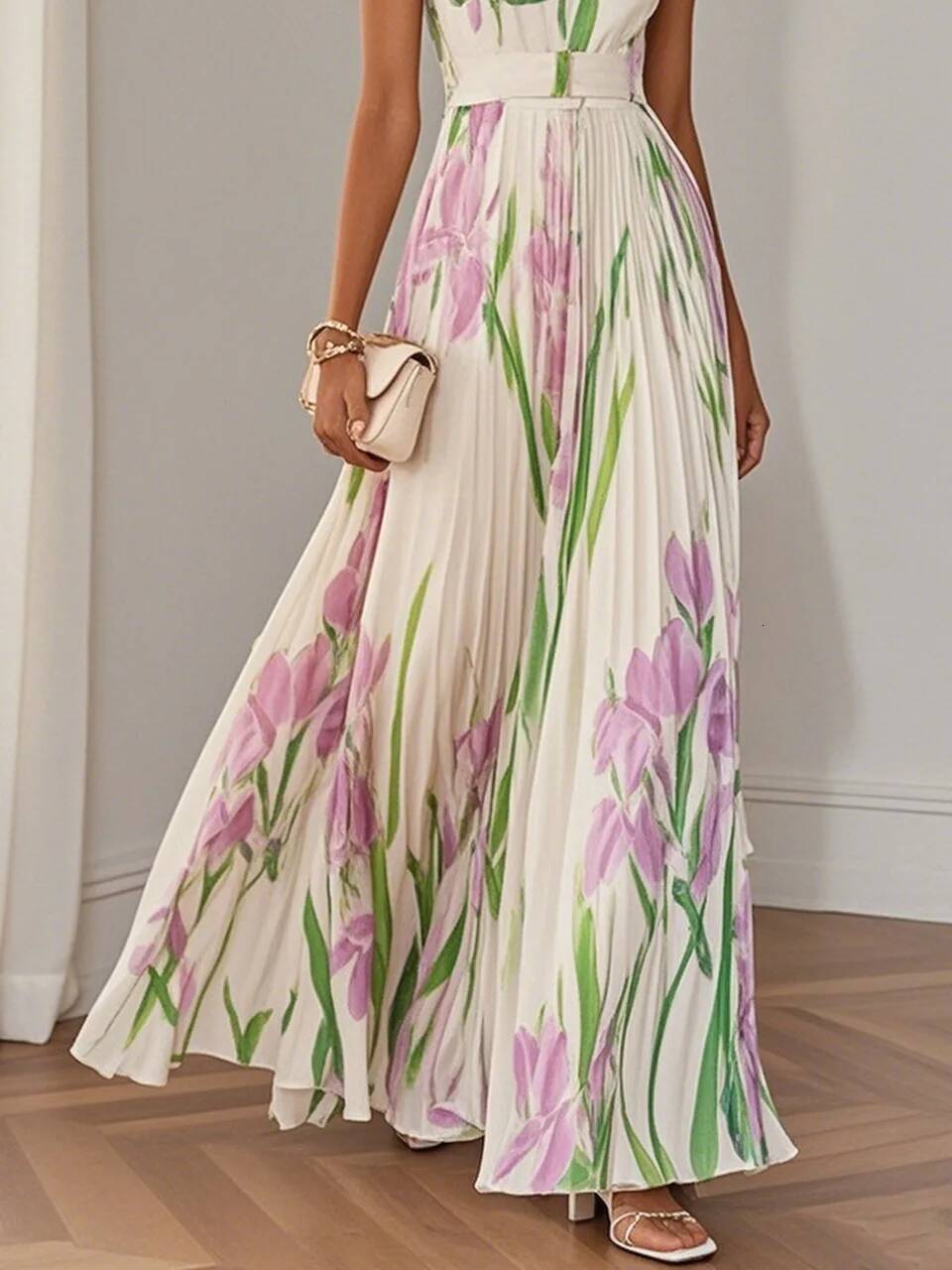 2025 New Women's Sleeveless Straps Summer Dress Elegant Floral Print Pleated Long Shoulder Hollow Boho Dresses dongdumaoyi