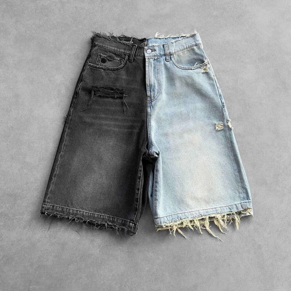 Men's Jeans High Quality Black Punk Washed Denim Shorts Mens Summer Hip Hop Hole Raw Edge Jorts Y2k Retro Street Jean Shorts Men's Clothing