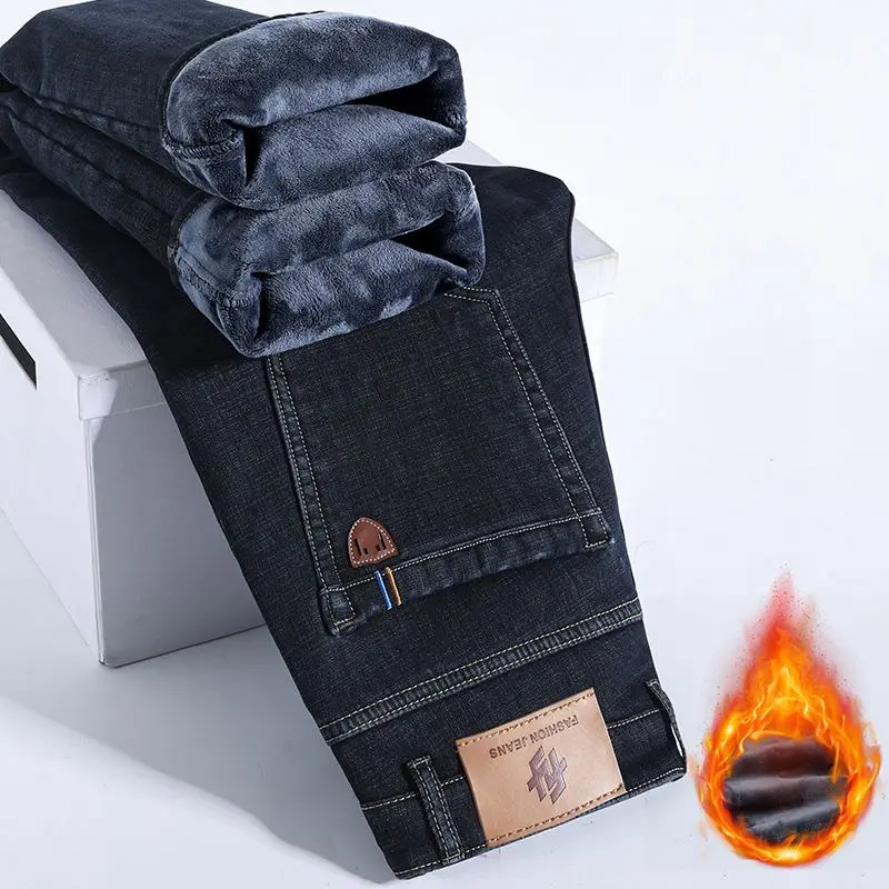 Winter Warm Fleece Jeans Mens Thick Thermal Casual Straight Denim Pants Male Business Work Stretch Trousers Clothing 260228