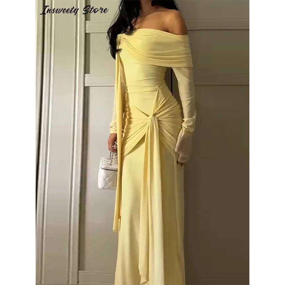 Elegant Solid Lace Up Dress Women's Off The Shoulder Long Sleeve Draped Dresses 2026 Spring New Female Chic Party Robes C260311