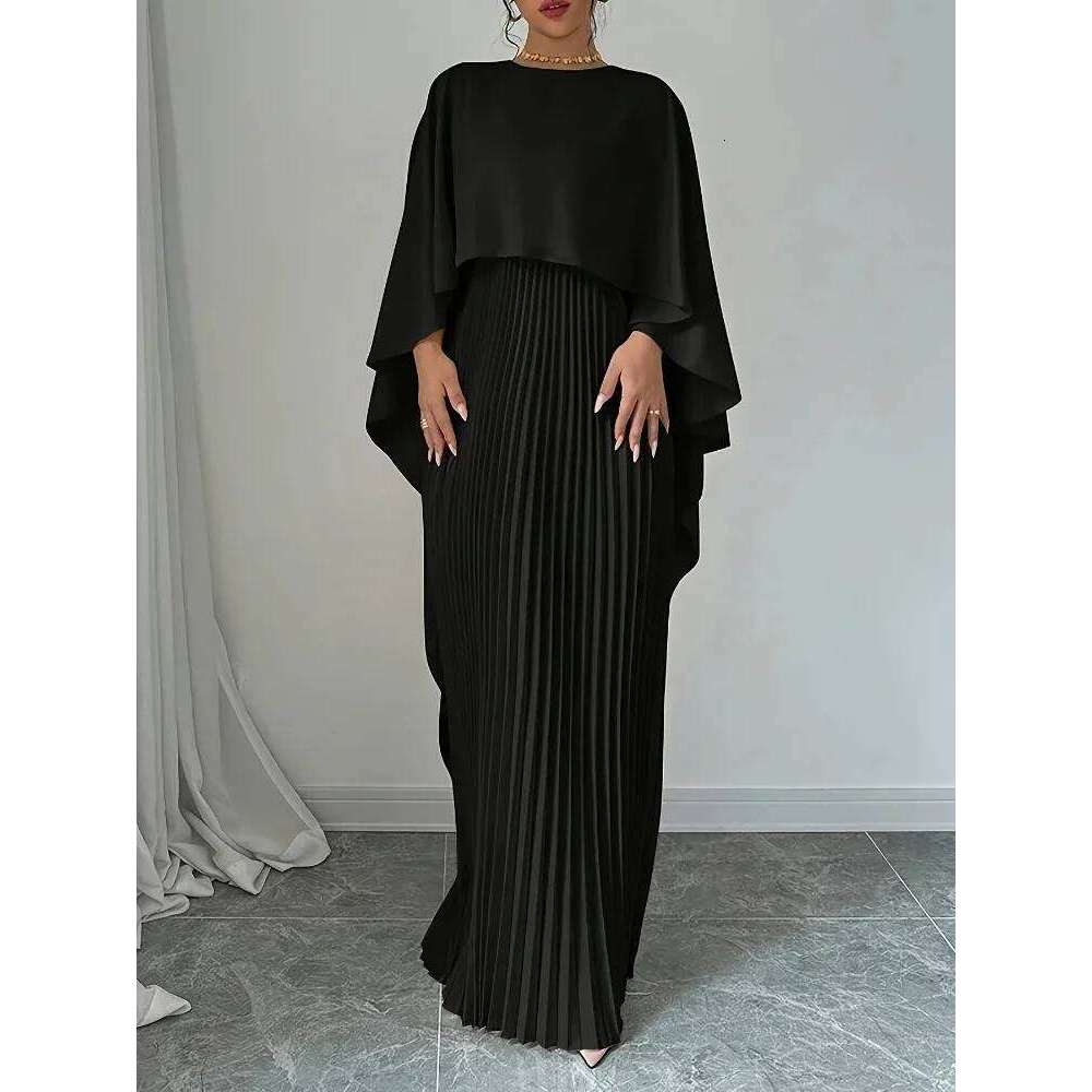 Spring Summer Elegant Crew Neck Pleated Dresses Women Casual Solid Loose Long Cloak Sleeves Ruffle Maxi Dress Vestidos C260312