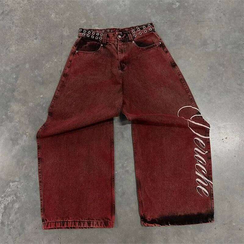 Y2K Baggy washed Red Vintage Letter Print Rivet Belt Design High Waist Wide Leg Jeans Goth Sense Trousers streetwear 26Y0312