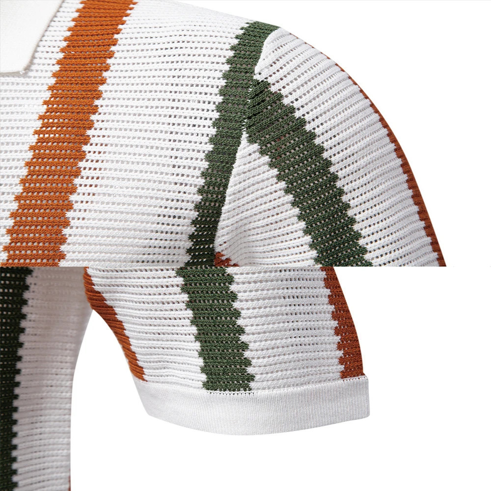 summer mens short-sleeved striped knitted POLO shirt with hollow-out and breathable mesh fabric 260311