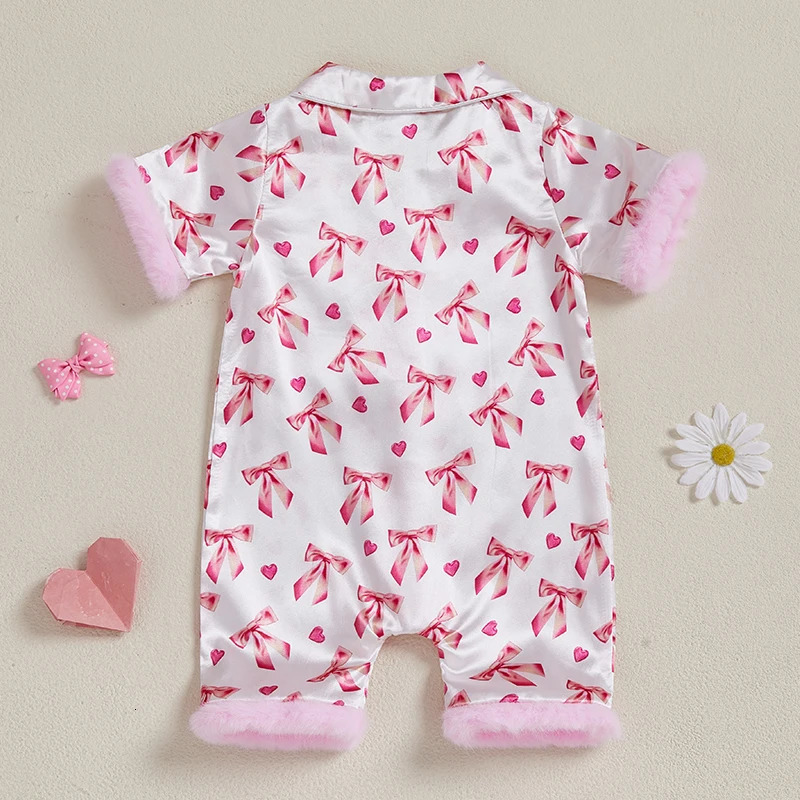 Baby Girl Satin Pajamas Romper born Bow Print Feather Cuffs Short Sleeve Lapel Button Down Silk Sleepwear Infant Loungewear 260311