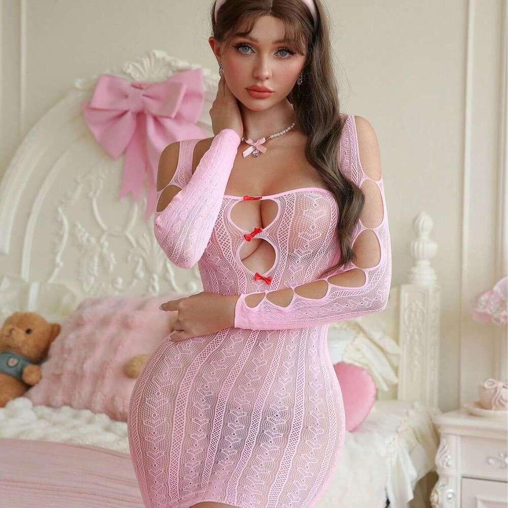 Women Pink Lace Cut-Out Bodysuit Dress Romantic Long Sleeve Lingerie with Bow Detail for Party, Date Night, or Costume Wear