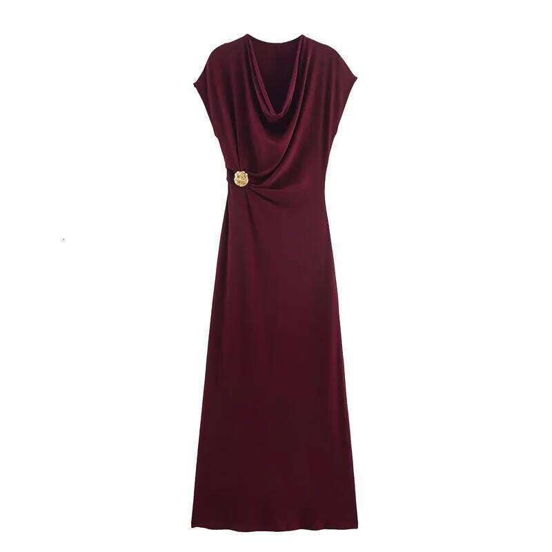 Women's Summer 2025 New Solid Color Short Sleeve Pleated Gold Embellished Long Dress Elegant Temperament Personality Fashi C260312