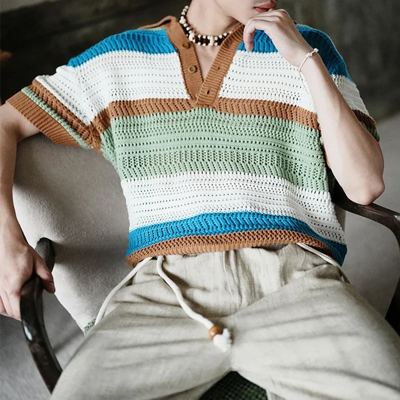 Streetwear Mens Knit Polo Shirts Summer Fashion Patchwork Hollow Out Knitted Tops for Men Short Sleeve Breathable Polos 260311