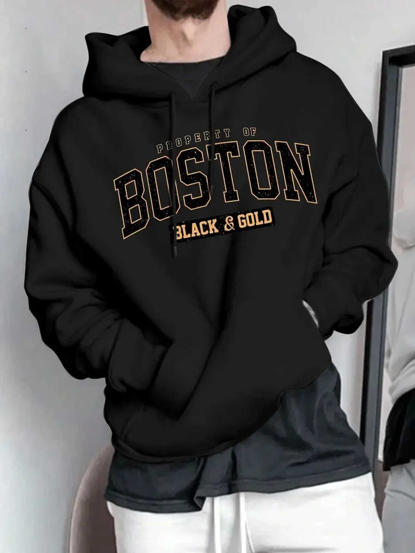 Mens Boston Letter Printed Fleece Warm Hood Adjustable Drawstring Comfortable Outdoor Use Autumn Winter Casual Fashion Hoodie M260312