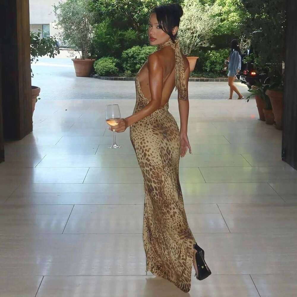 Cryptographic Fashion Halter Leopard Sexy Backless Maxi Dress Women Club Outfits Bandage Embellished Long Dresses Robe Clothes C260311