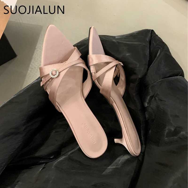 SUOJIALUN 2025 Summer New Women Slipper Fashion Pointed Toe Open Toe Ladies Elegant Slides Thin Low Heel Outdoor Dress Sandal K260312