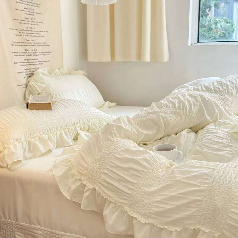 Lace Seersucker Ins Style Korean Washed Cotton 4-piece Bed Sheet Quilt Solid Color Duvet Cover For Girl Spring Decor Home H260312