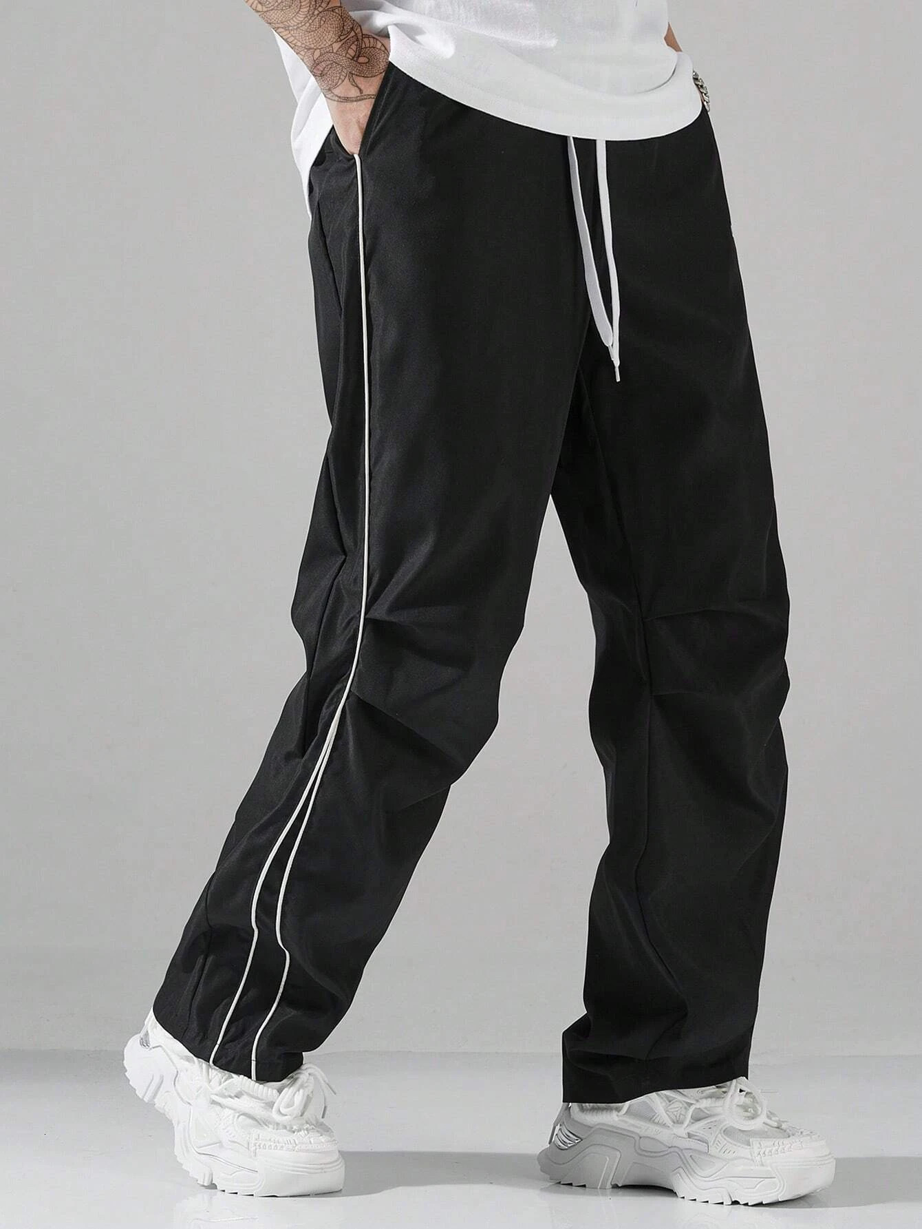 Larbulse Men Contrast Trim Trouser Fashion Casual Pants Solid Color Breathable Loose Straight Drawstring Pants Streetwear 260311