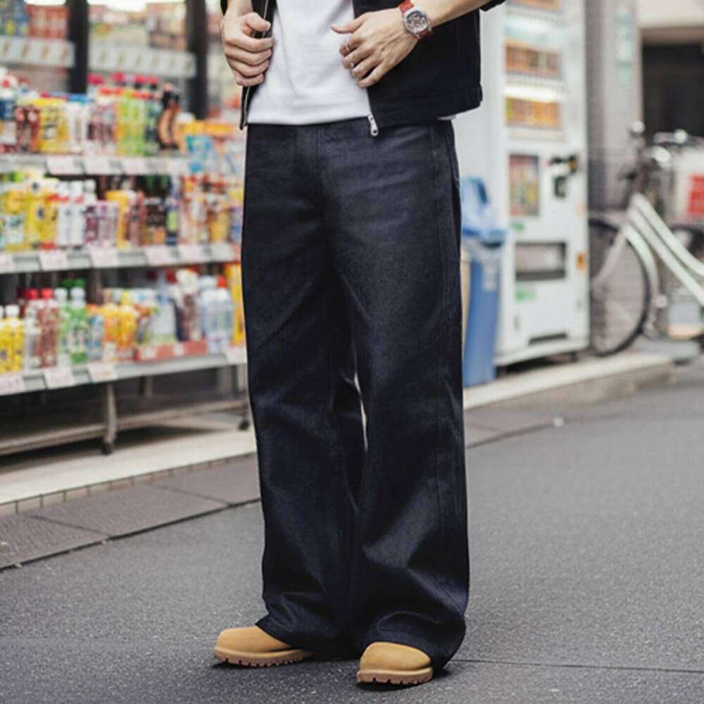 Maden Vintage 15.6oz Selvedge Raw Denim Heavyweight Blue Loose Fit Wide-Leg Jeans Zip Fly Cotton Trousers for Spring Fall 26Y0312