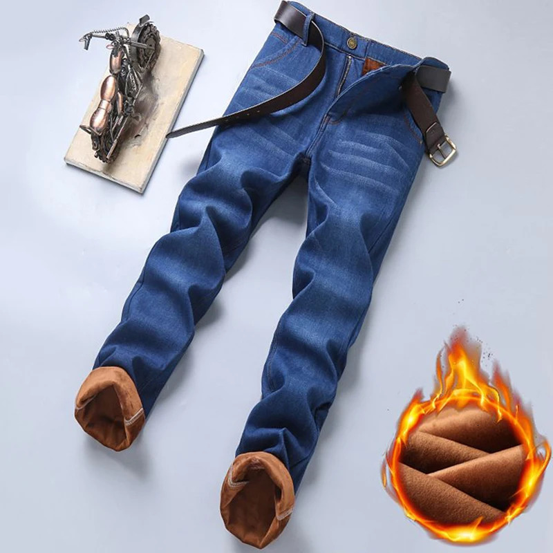 Men Fashion Winter Warm Jeans Male Fleece Lined Thickened Denim Pants Loose Straight Comfortable Casual Black Blue Trousers 260228