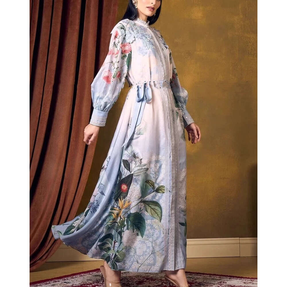 2026 Spring and a16 Summer European and American Fashion Bohemian Vacation Style Fairy Flower Loose Tie Front Shirt Single breasted Long Dress