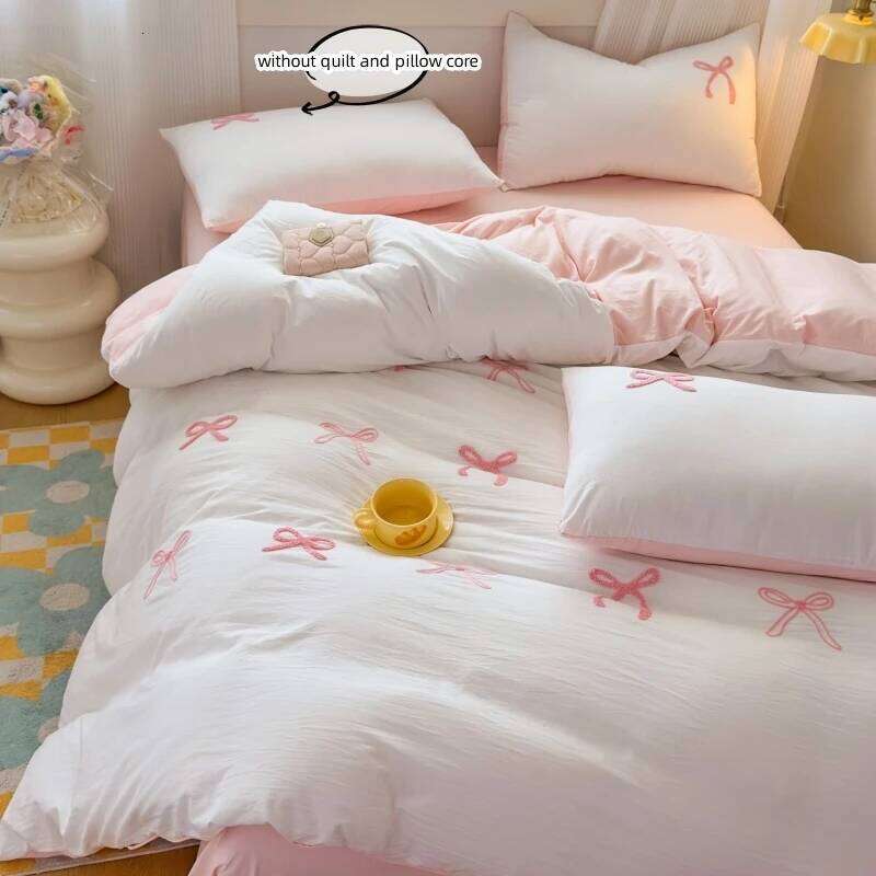 3-Piece Sheet Pink Bowknot Embroidery Duvet Cover Set, Comfortable Bedding Set Bedspread for All Seasons H260312