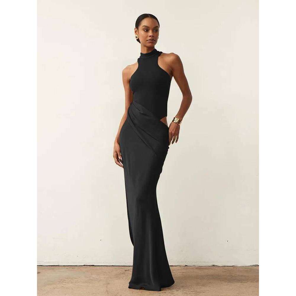 JULISSA MO Satin Sexy Hollow Out Women Maxi Black Sleeveless High Waist Dress Female Autumn Skinny Elegant Party Clubwear C260312