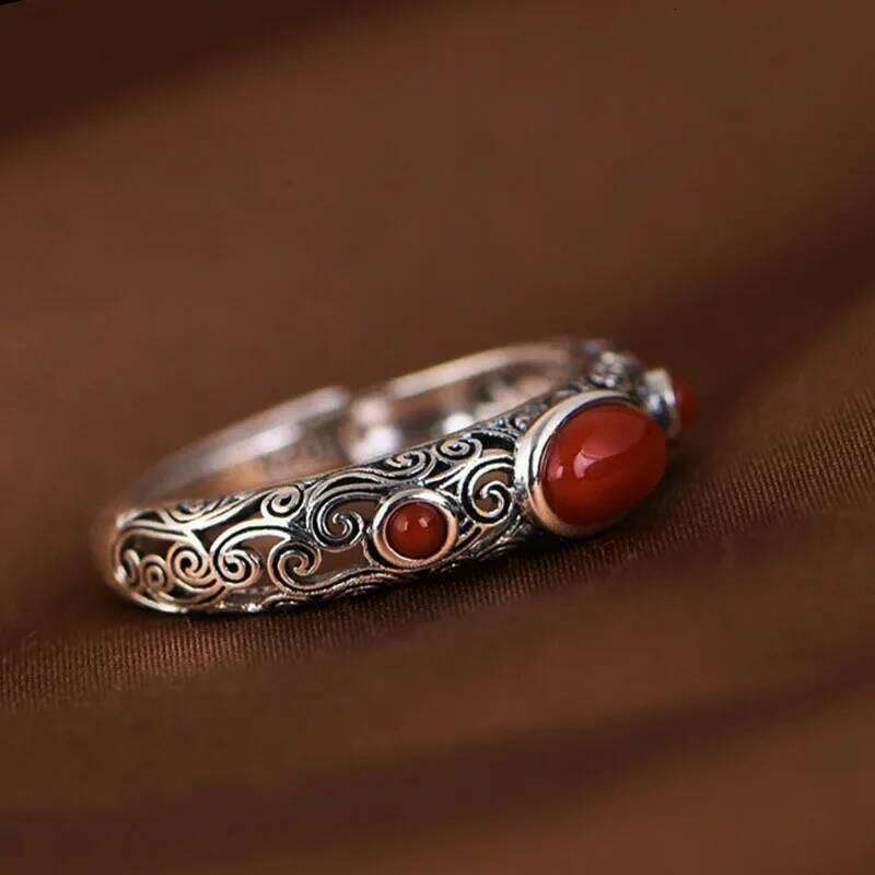 Vintage Ethnic Creative Hollow Imitation Red Agate Adjustable Ring for Women Exquisite Personalized Party Jewelry Accessories H260312
