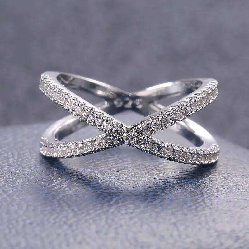 Huitan Cross X Shape Women Engagement Full Paved CZ Stone Silver Color Elegant Simple Female Jewelry Ring Hot Sale H260312