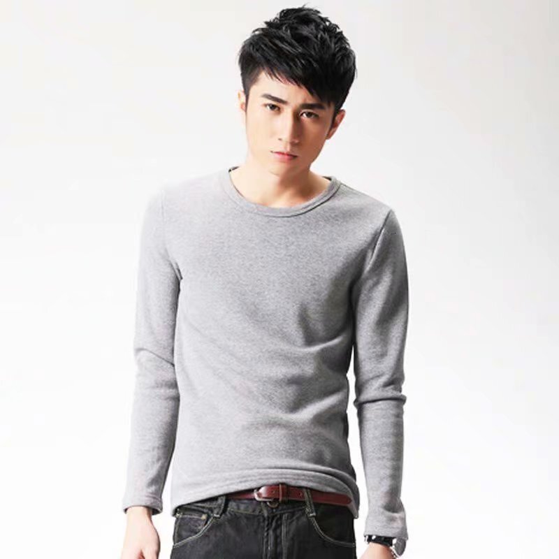 Winter Thin Fleece Solid Color Warm Low-neck Base Shirt For Young Men Style Slim Fit Versatile Cold-proof Long-sleeve Designer Hoodie T-shirt Top