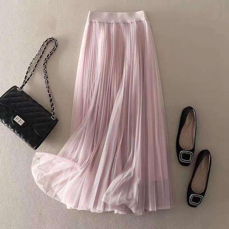 Pleated half-length A-line loose-fitting, large-hemmed, puffy mid-length plus-size mesh long skirt, all-season skirt