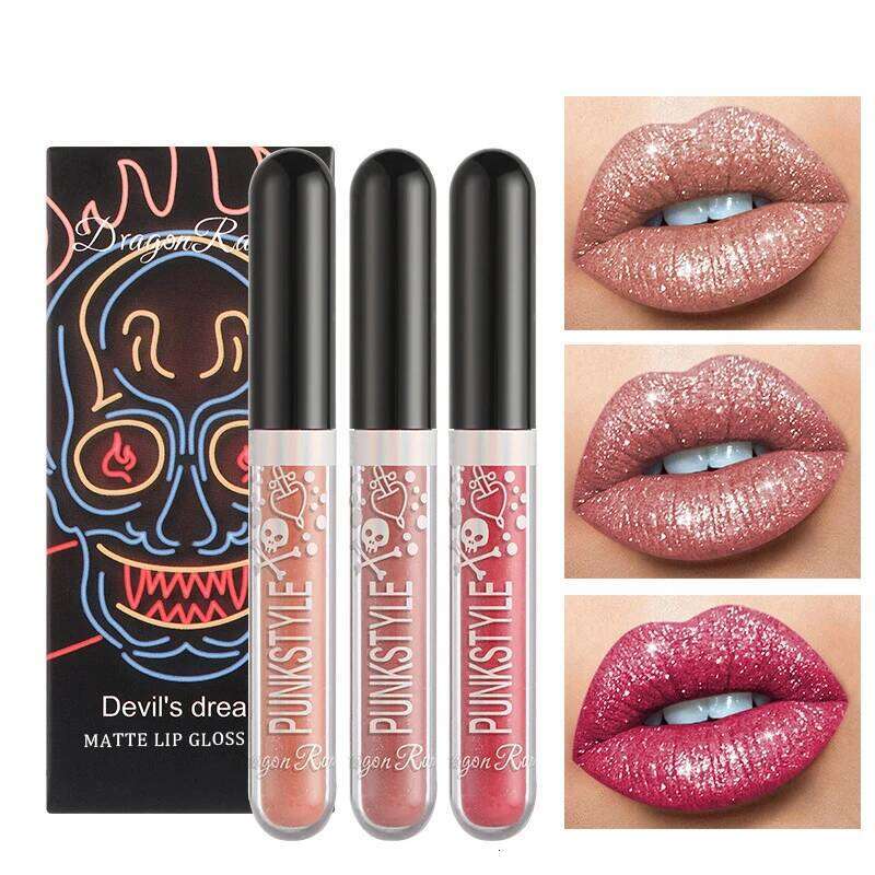 Halloween Gloss Set, 3-Piece Non-Stick Shiny Lipstick, Glittery Purple and Black Lip Colors, Long-Lasting, Non-Transfer W260311